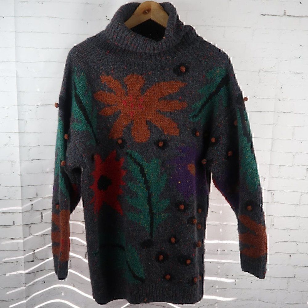 SUSANN D VINTAGE TURTLENECK LONG SLEEVE MULTI COLOR FLORAL SWEATER SIZE MEDIUM